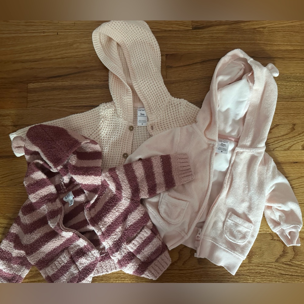 THREE pink hooded sweaters 0-3 months Gap, Carters